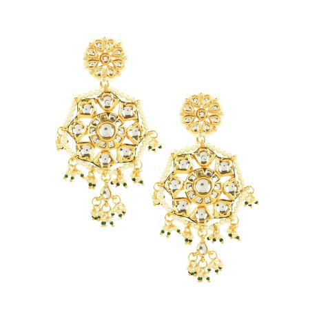 Hexagonal Mirror Cluster Earrings with Pearl & Green Bead Drops Pair